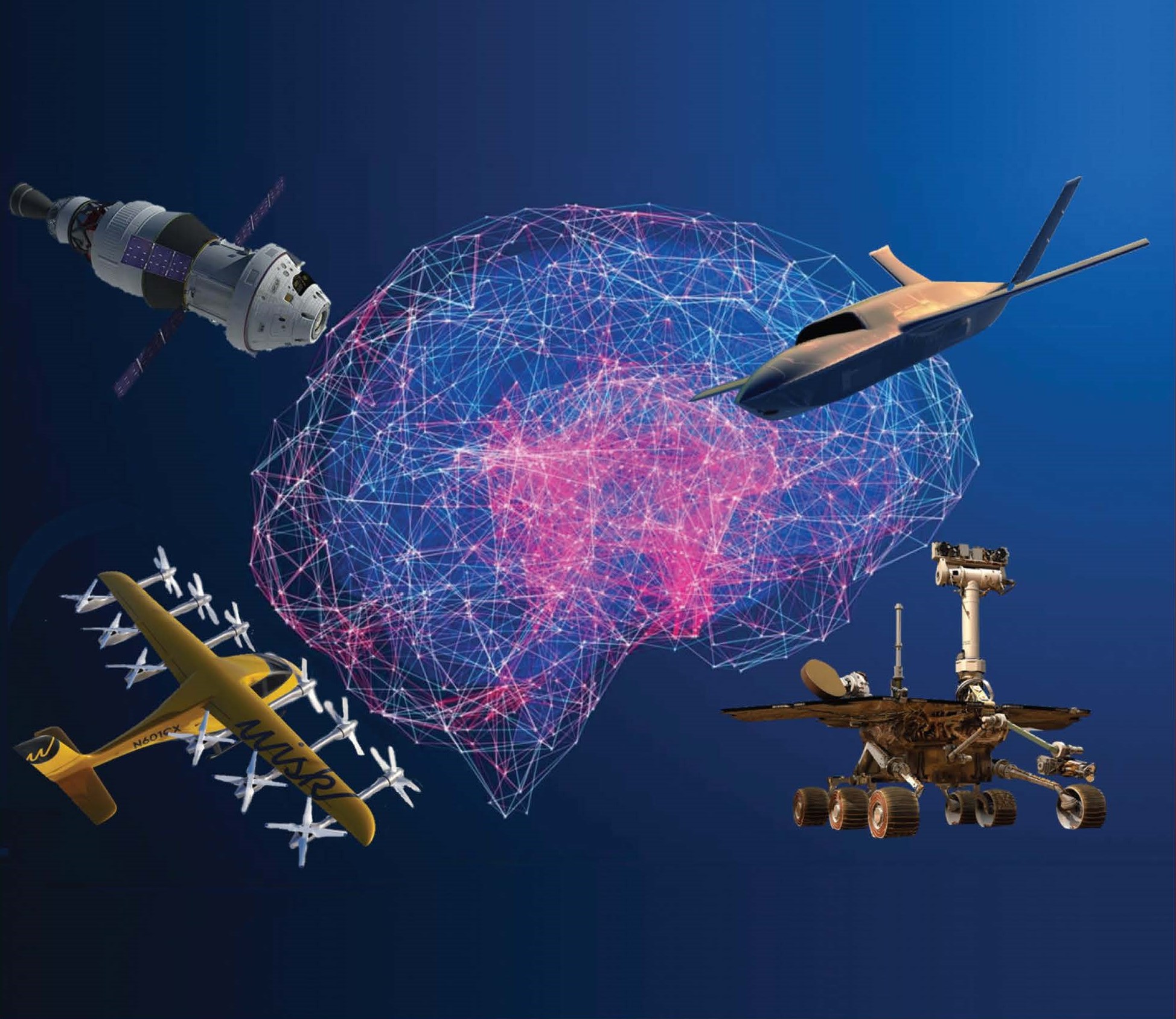 various aircraft and spacecraft hovering above digital vector brain model on blue background