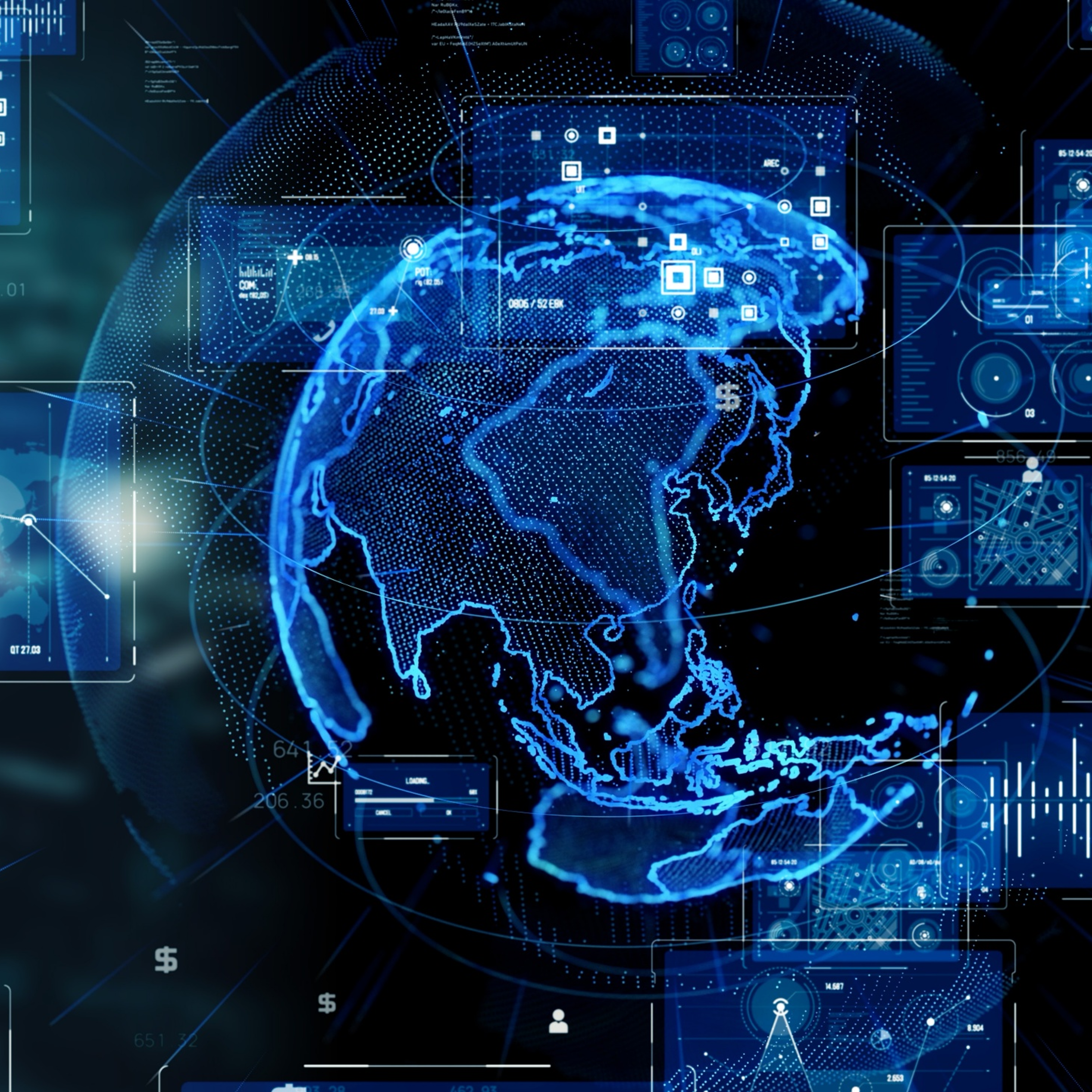 blue globe overlay on top of multiple screens monitoring business, diplomacy, and law in space