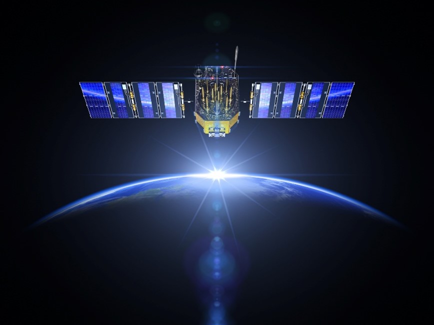 blue satellite orbiting Earth with sun beaming in background in black space and Earth's profile on the horizon