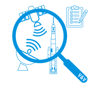 magnifying glass icon looking at space systems satellites, launch vehicles and checklist